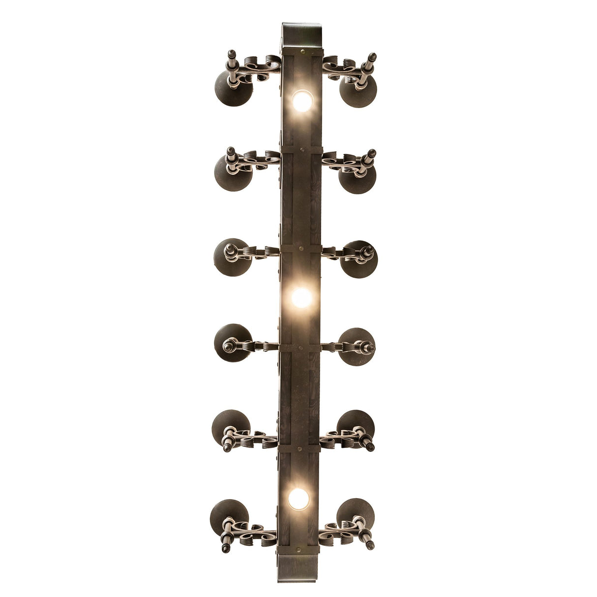 Bottom view of chandelier revealing integrated downlights and decorative underside details.