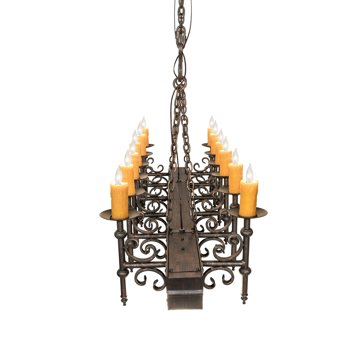 End view of showing symmetrical candle layout, metal detailing, and wood grain construction.