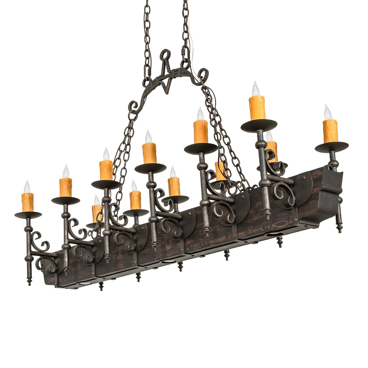 Unlit view highlighting Tudor chandelier’s Gothic ironwork and wood-grain finish.