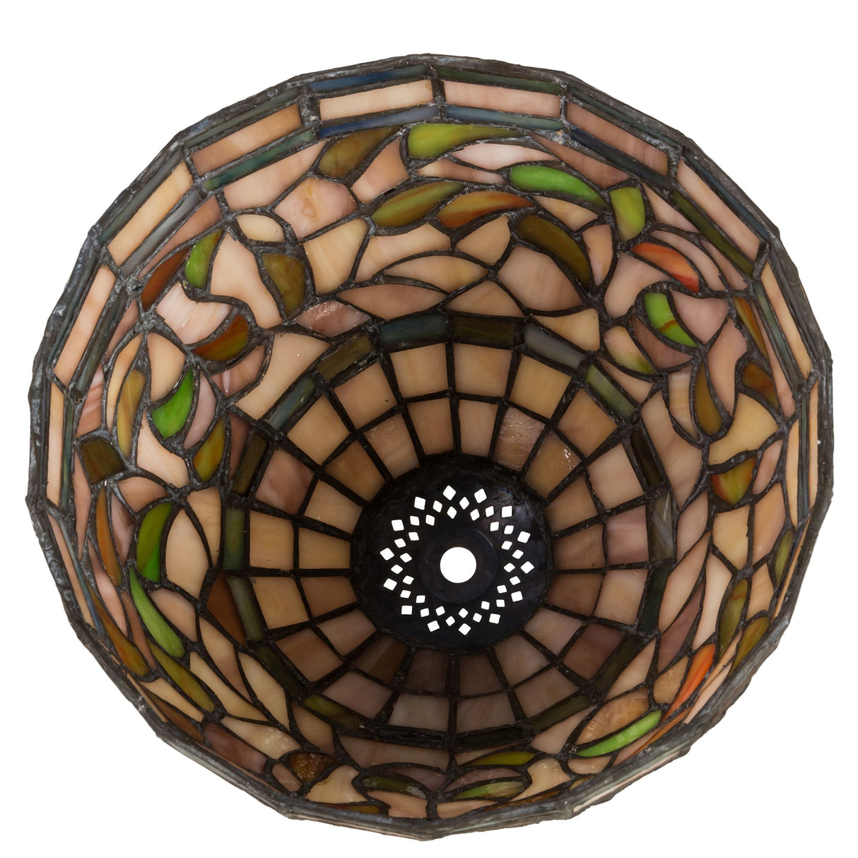 Bottom view of turning leaf shade with bands of purple, blue, and green accents.
