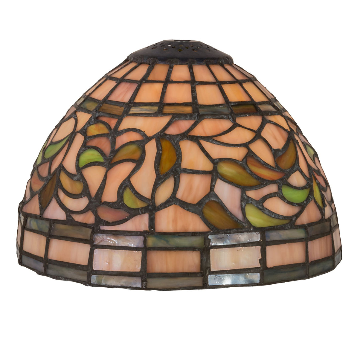 Front view of turning leaf shade with autumn gold, russet, and moss green tones.
