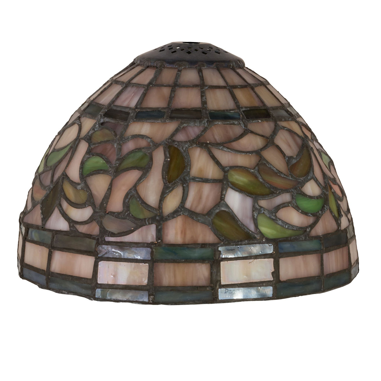 Unlit view of turning leaf shade showcasing detailed leaf and color patterns.