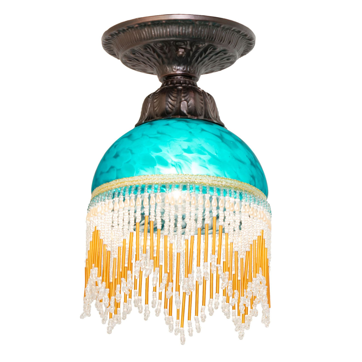 Turquoise glass flushmount light with decorative beaded fringe and bronze base.
