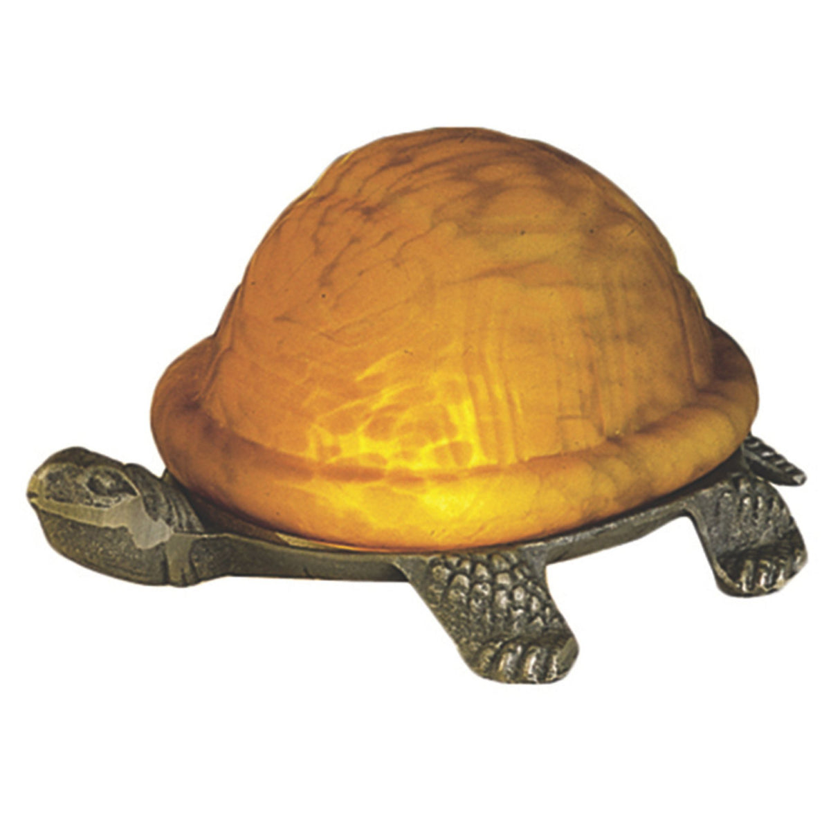Turtle accent lamp with an amber mottled glass shade and cast metal base.