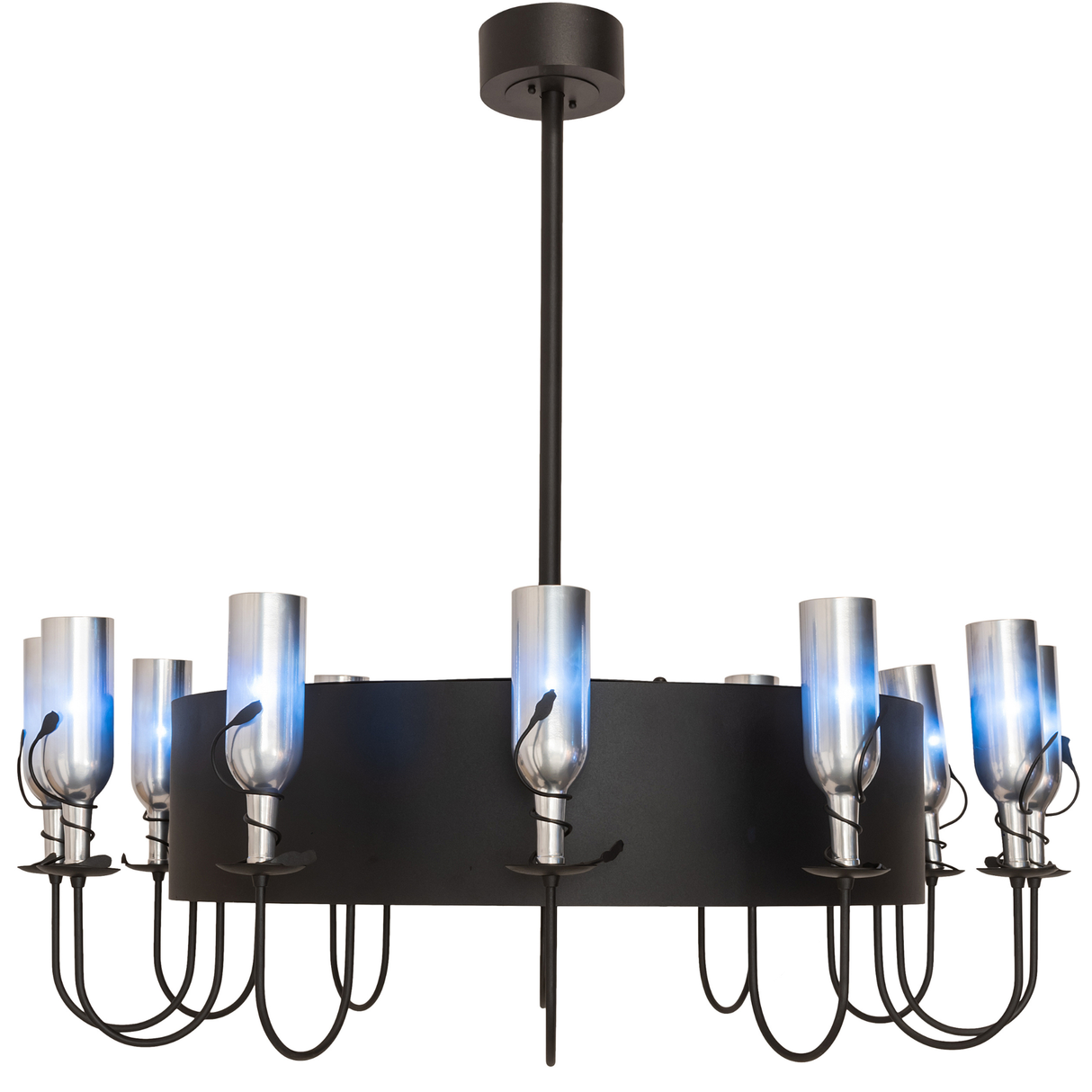 Front lit view of Tuscan Vineyard Chandel-Air with twelve bottle lights.