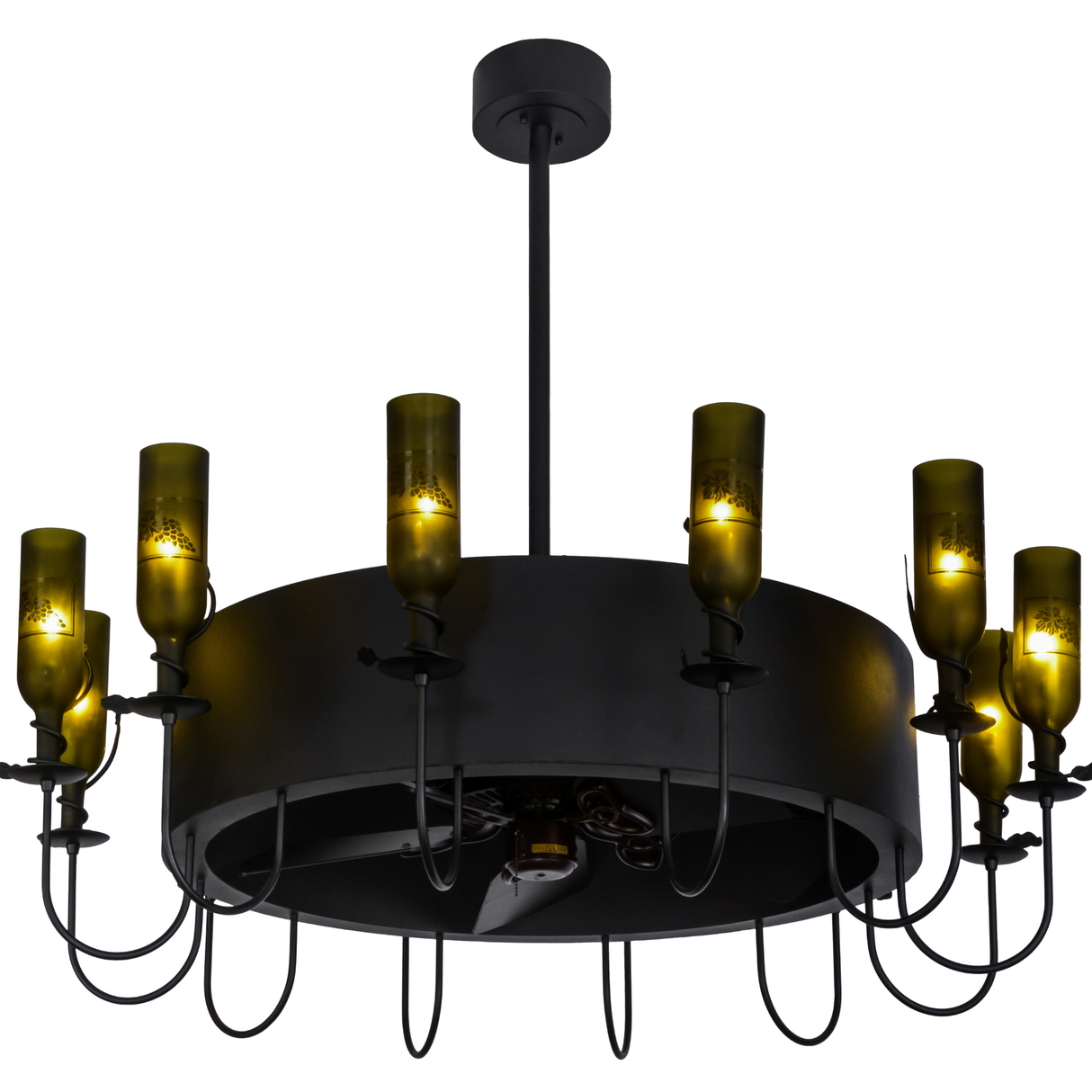 Bottom angle lit view highlighting fan blades and amber glow through bottles.