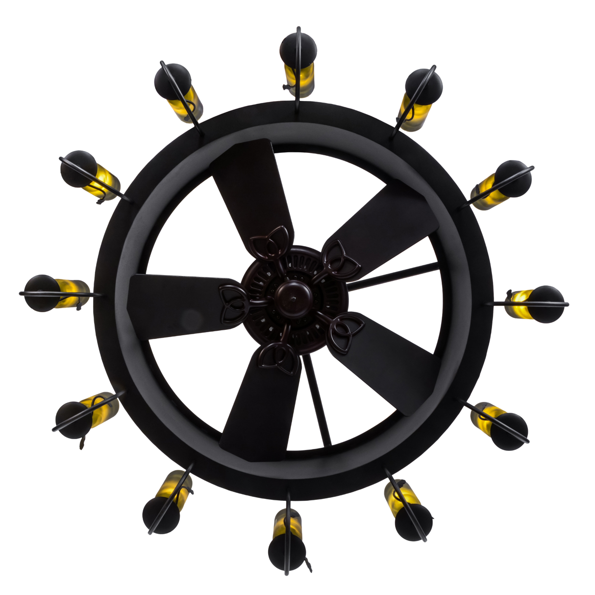 Bottom view showing central fan surrounded by illuminated bottles.