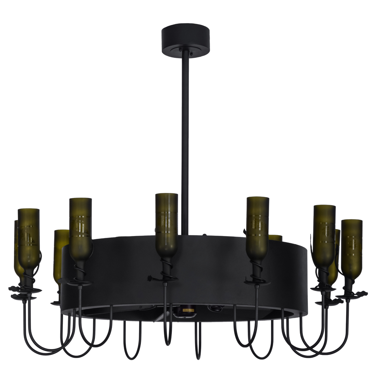 Front angle unlit view showing wine bottle lights and black circular frame.