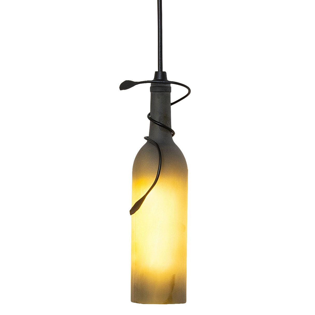 Frosted green wine bottle pendant light with vine metal accent.
