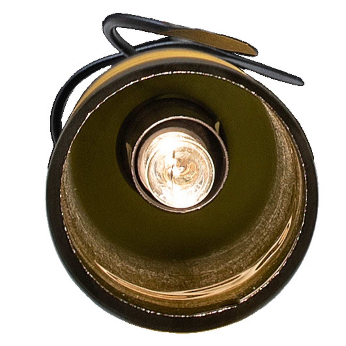Bottom view of wine bottle pendant showing exposed bulb.