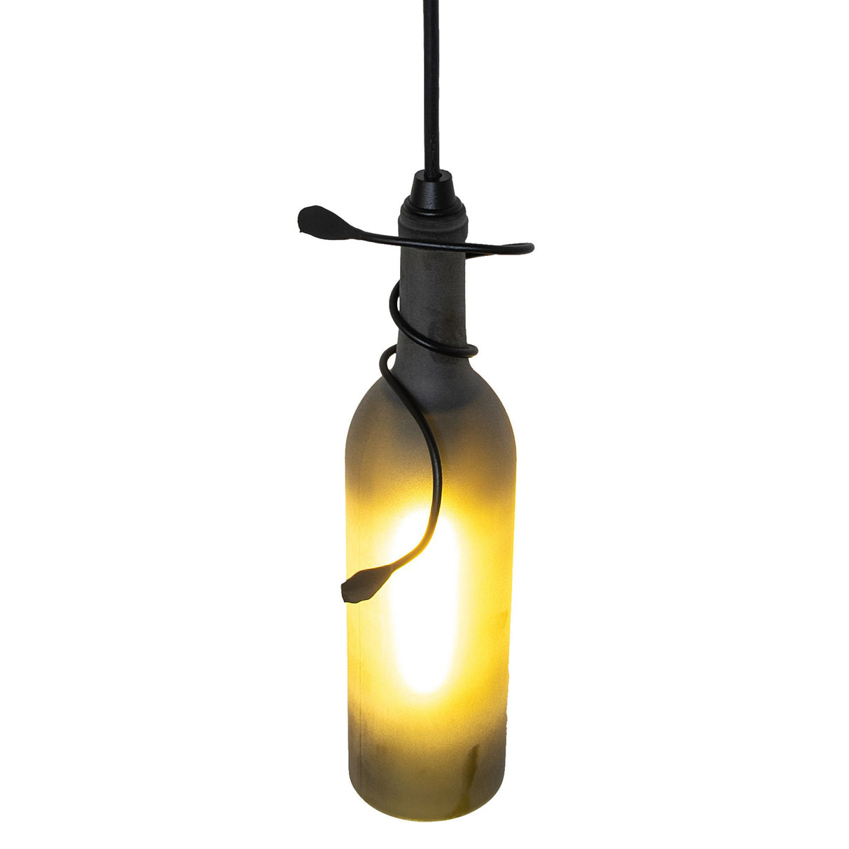 Top view of Tuscan Vineyard mini pendant with frosted green bottle.
