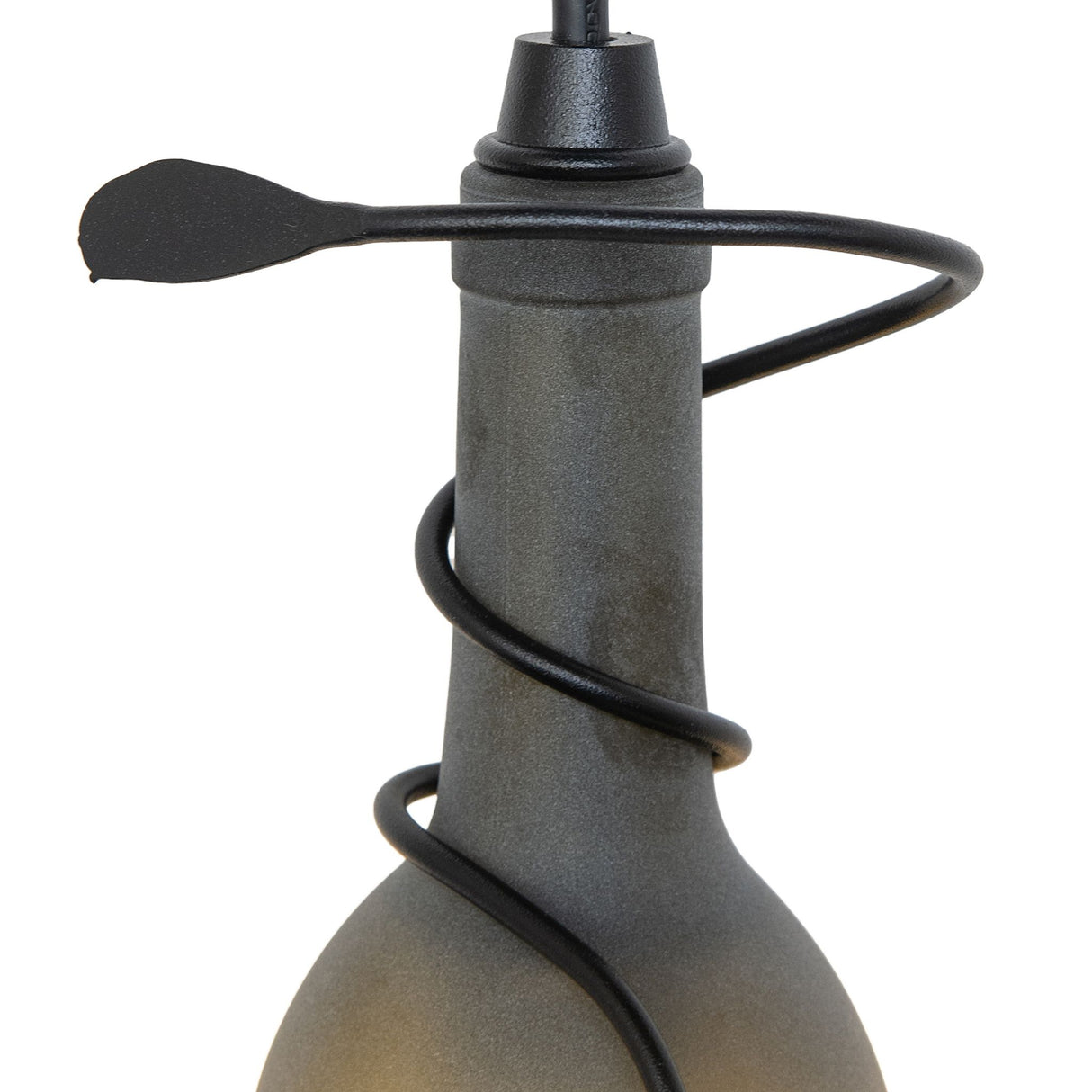 Black vine metal detail wrapped around wine bottle pendant.