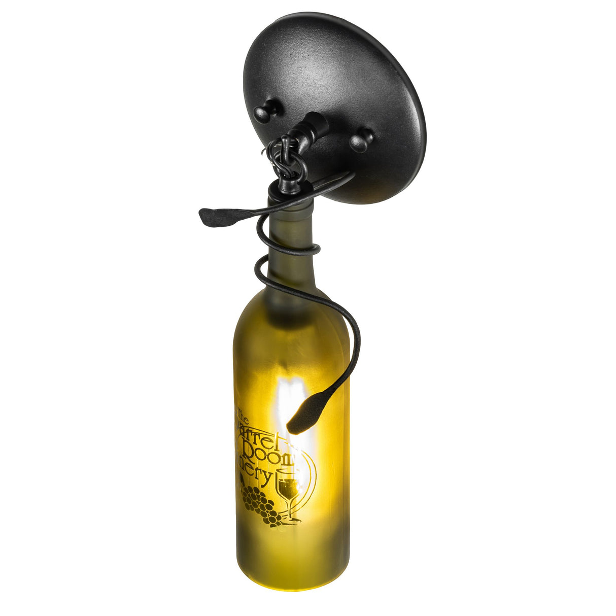 Angle view of wine bottle sconce with twisted metal vine.