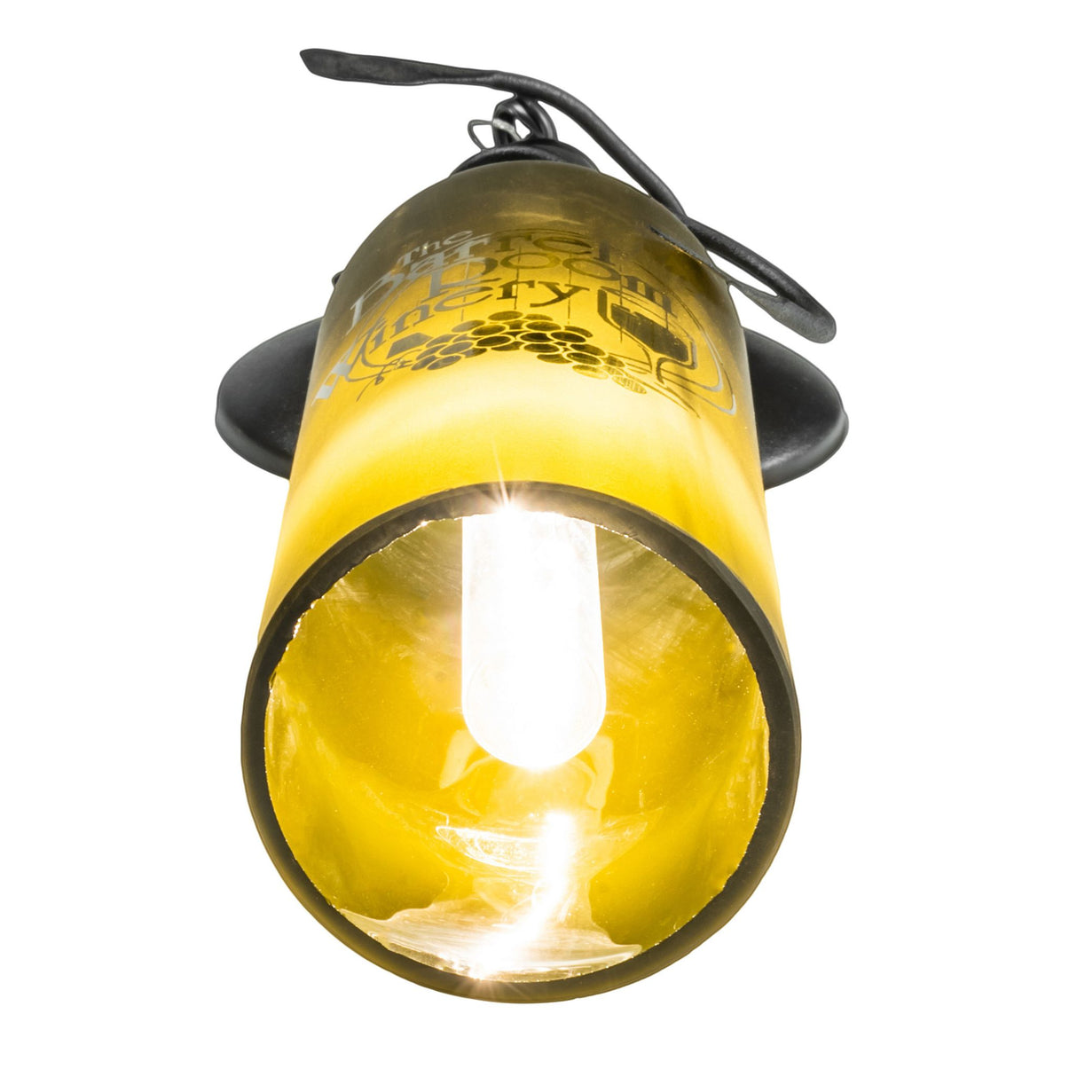 Bottom view of glowing wine bottle wall sconce.