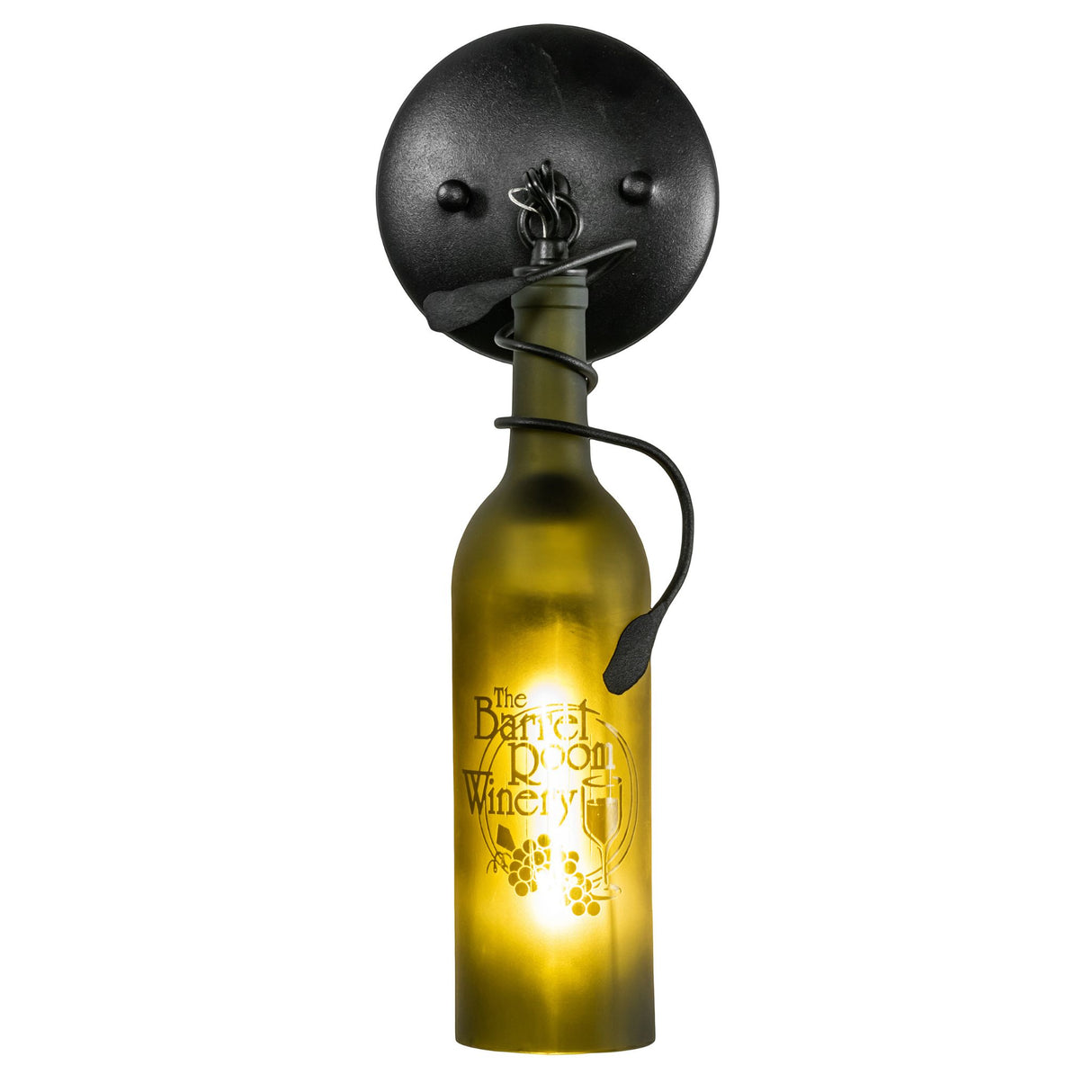 Warmly illuminated vineyard wine bottle wall sconce.