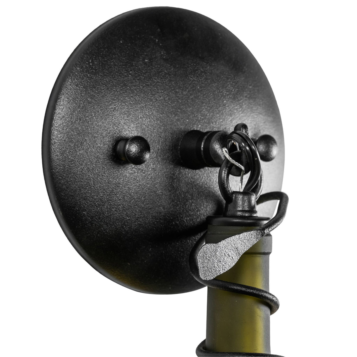 Detailed view of black metal wall mount for wine bottle sconce.