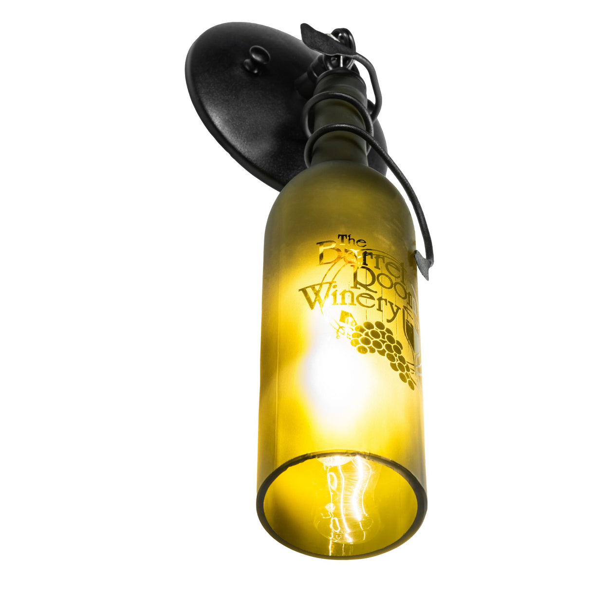 Upward angle of wine bottle sconce showing interior glow.