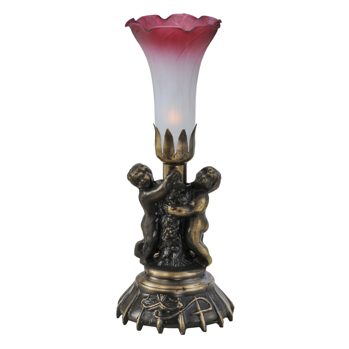 Mini Tiffany-style lamp with cherubs and fluted pink shade.