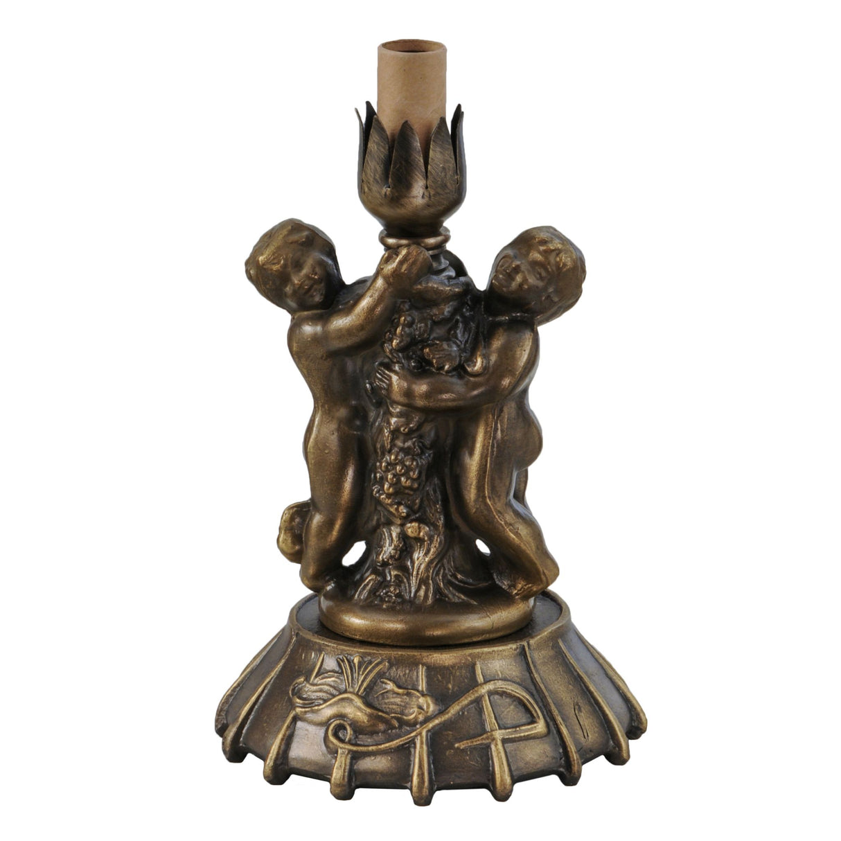 Front view of the twin cherub table base with intricate bronze details.