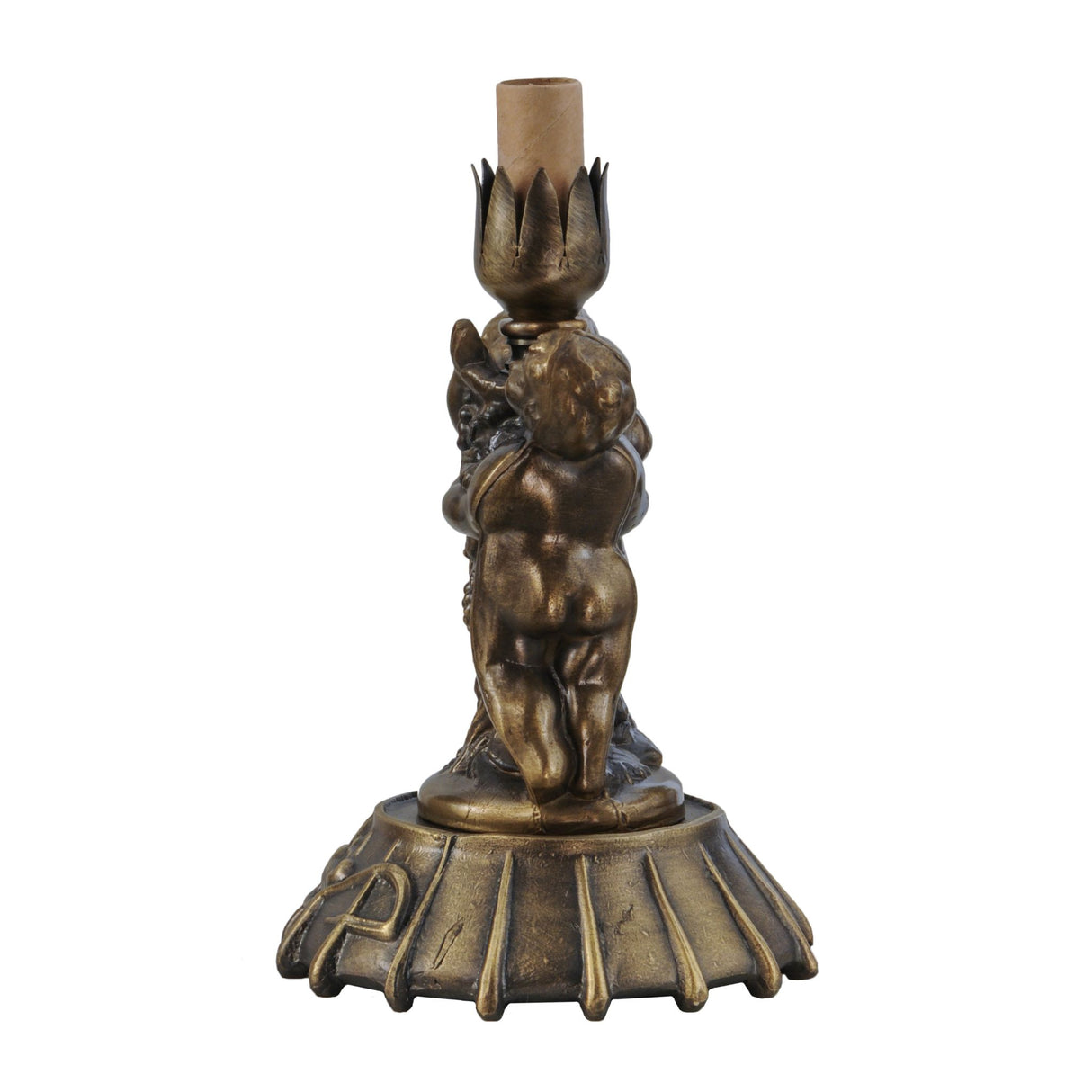 Side view of the twin cherub table base showing elegant craftsmanship.
