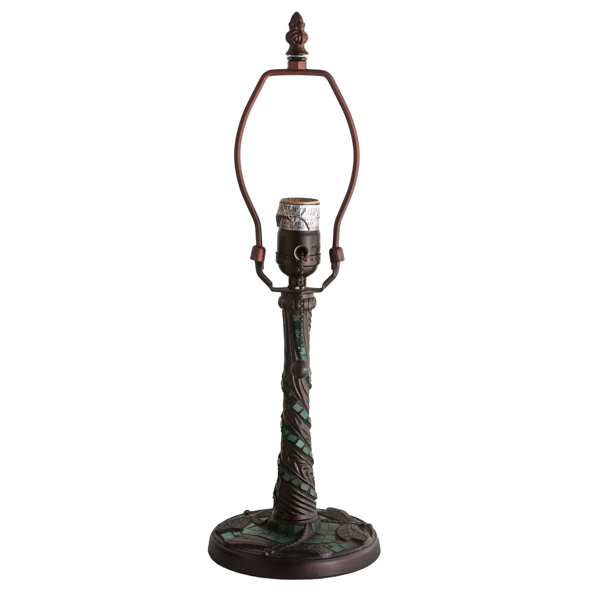 Close-up of dragonfly design on lamp base.