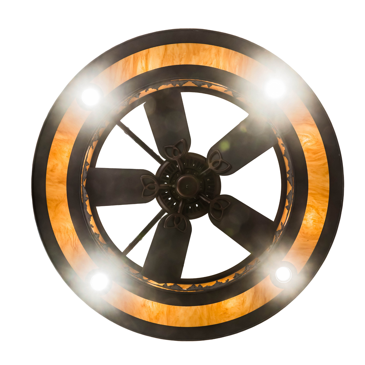 Direct bottom lit view showing fan with circular amber illumination.
