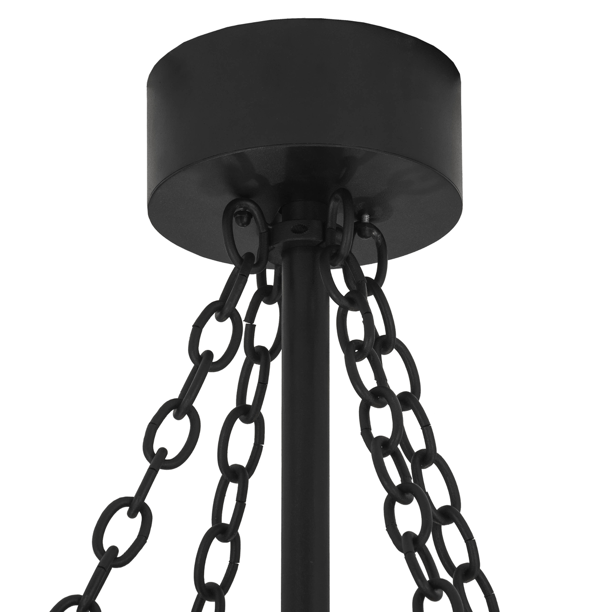 Canopy closeup showing black chain mount and metal finish.