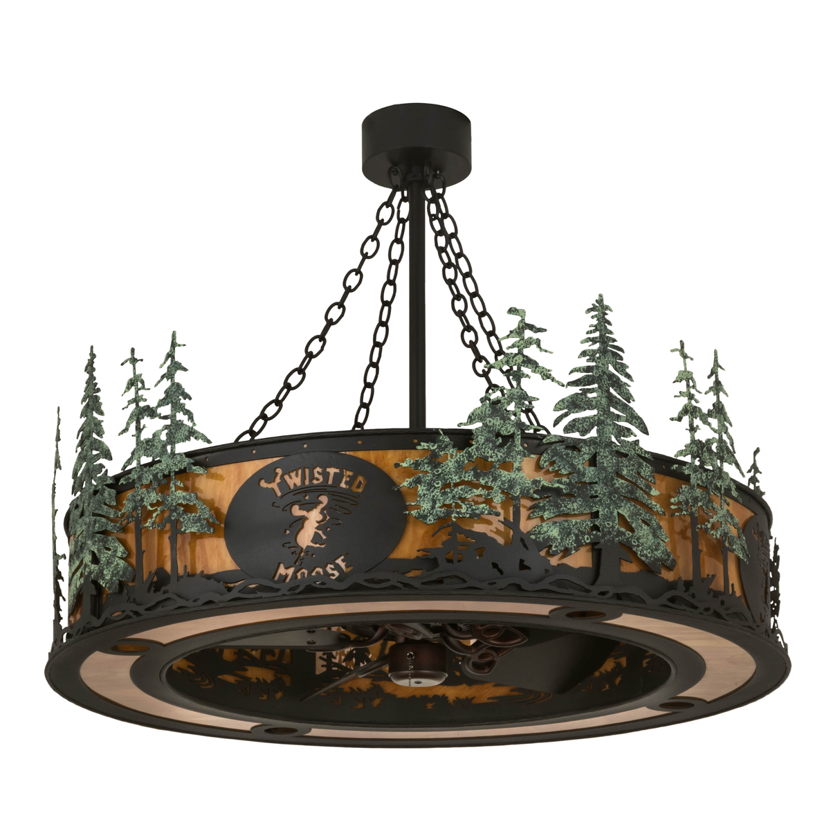 Front angled unlit view showing logo and pine forest cutouts.