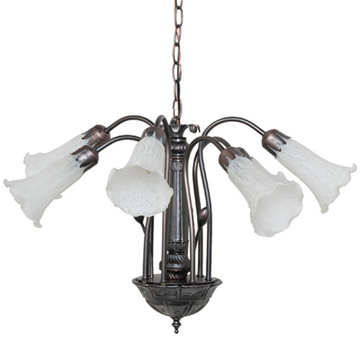 Unlit white lily-shaped glass shades on Tiffany chandelier