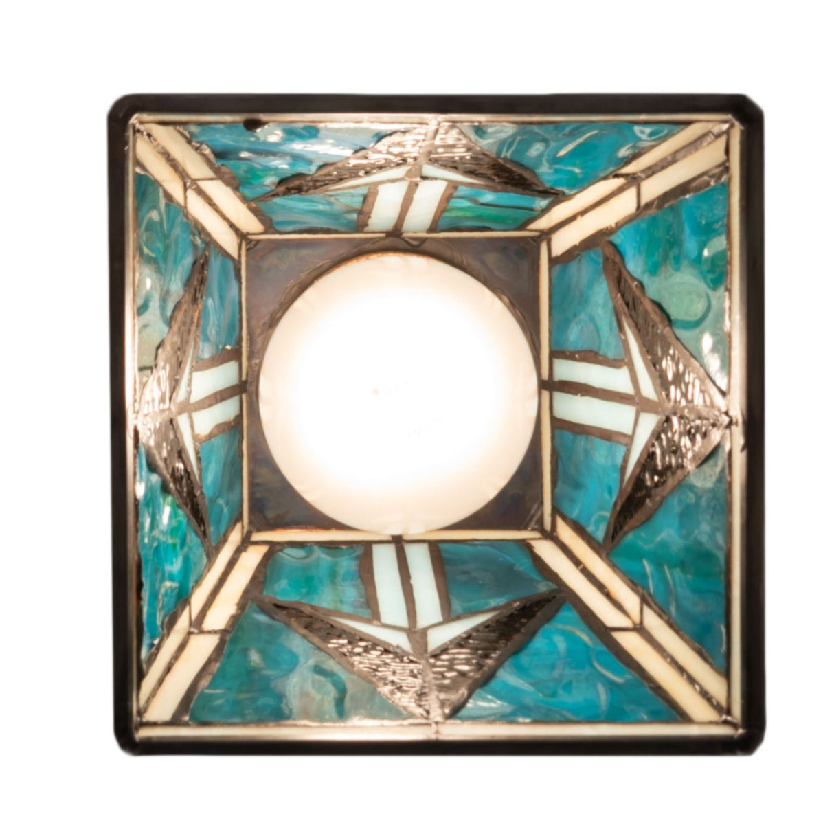 Bottom view of the Valencia Mission Flushmount showcasing arrowhead patterns and lighting details.