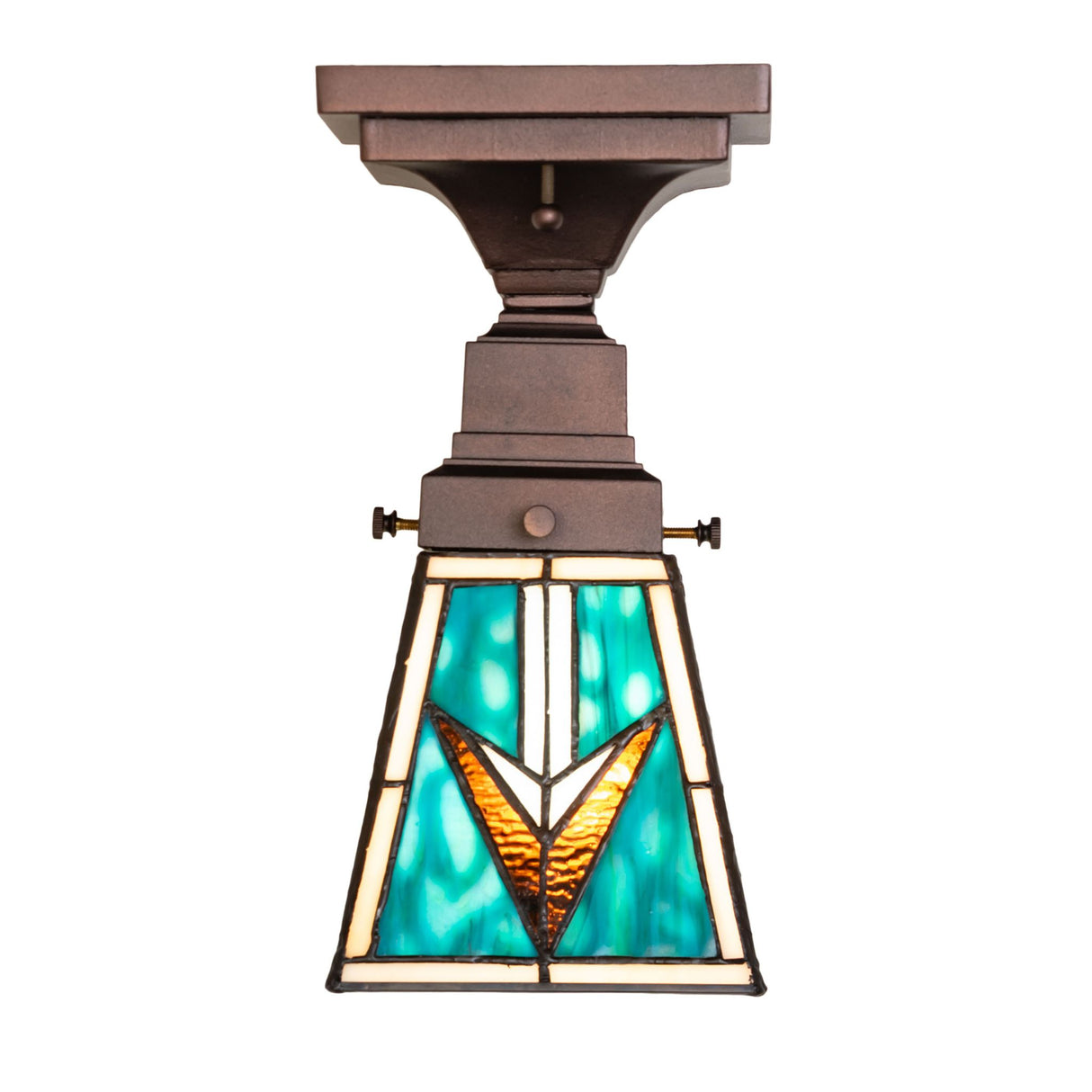 A side view of the 5" Square Valencia Mission Flushmount featuring turquoise stained glass.