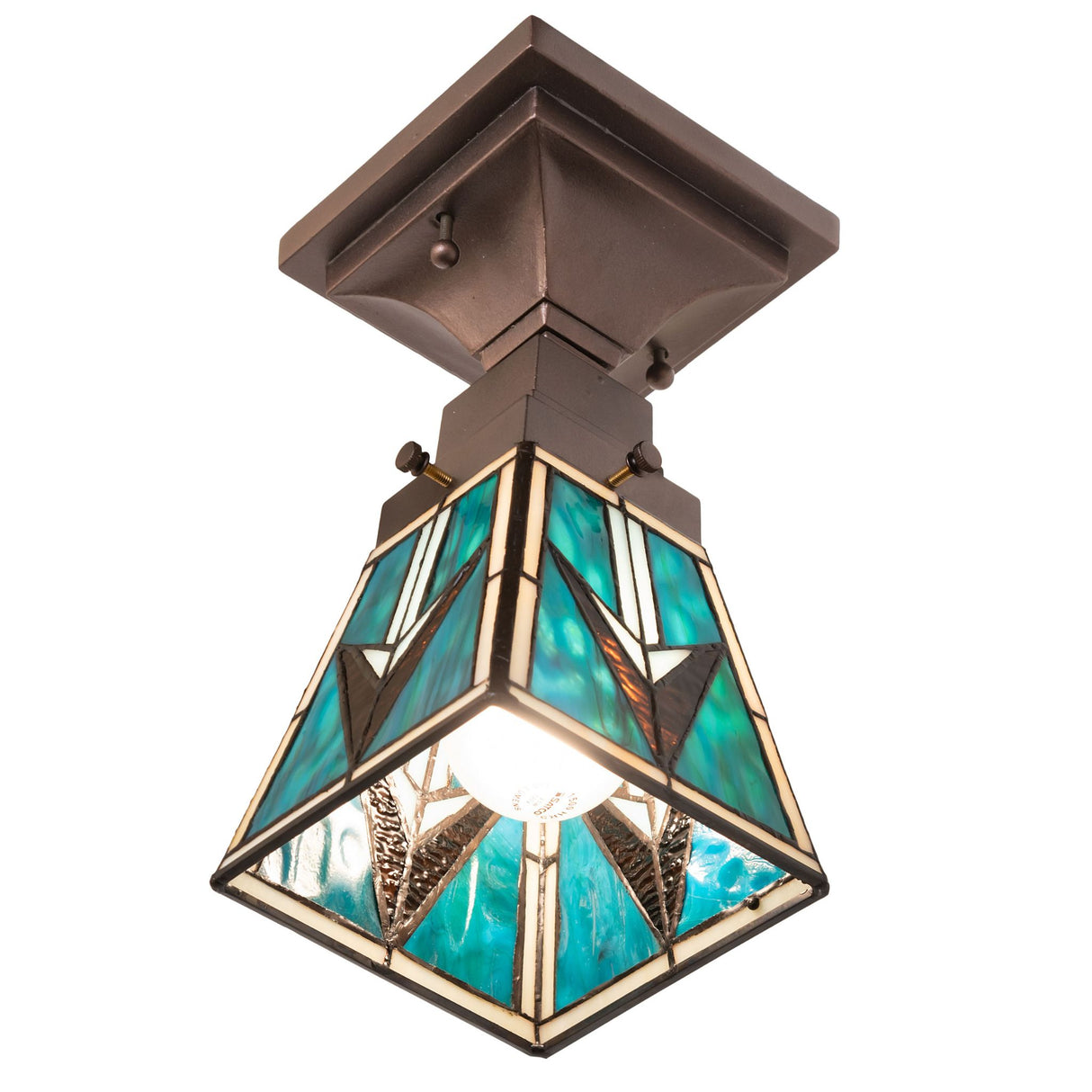 Illuminated Valencia Mission Flushmount showcasing vibrant turquoise and beige stained glass.