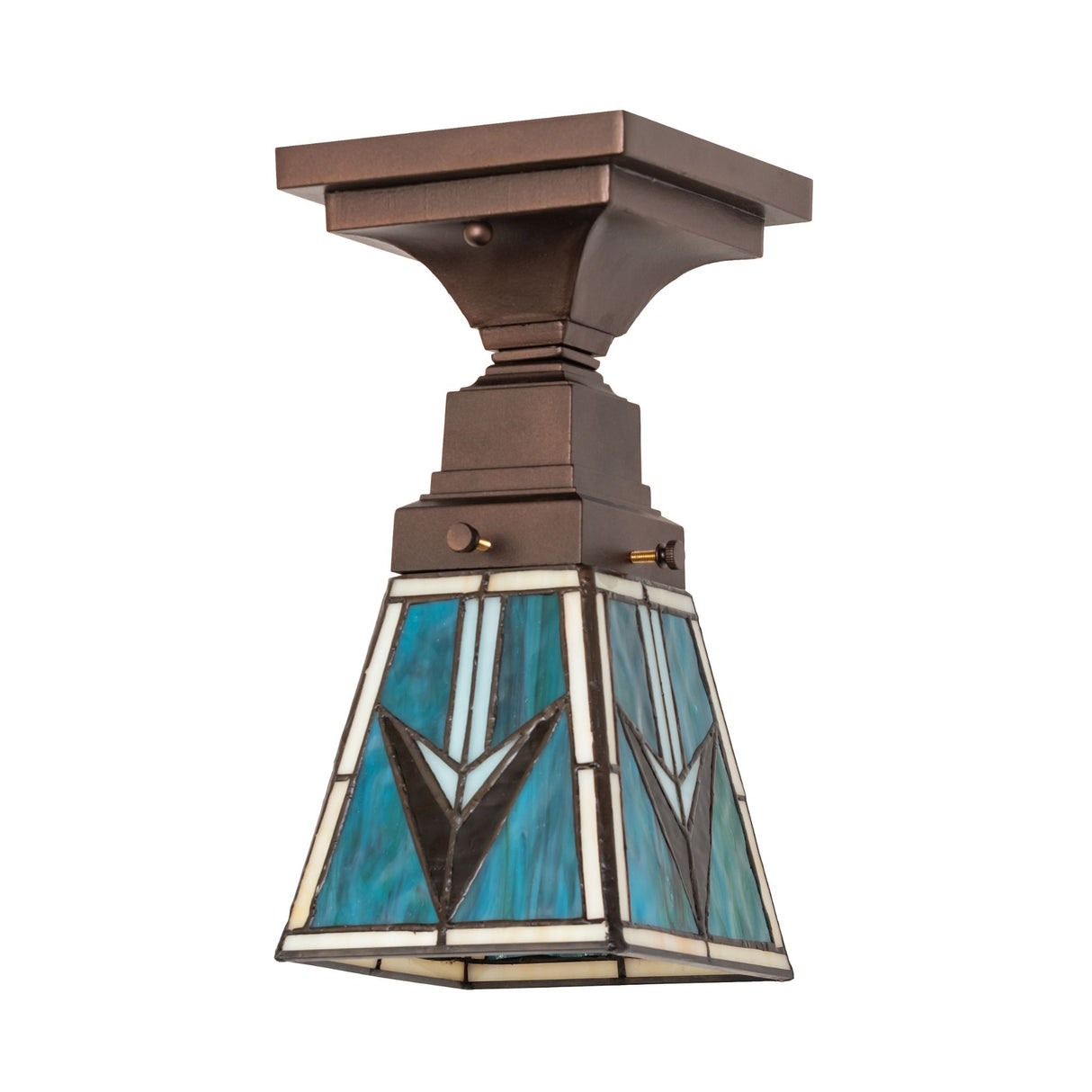 Unlit view of the Valencia Mission Flushmount showcasing intricate stained glass patterns.