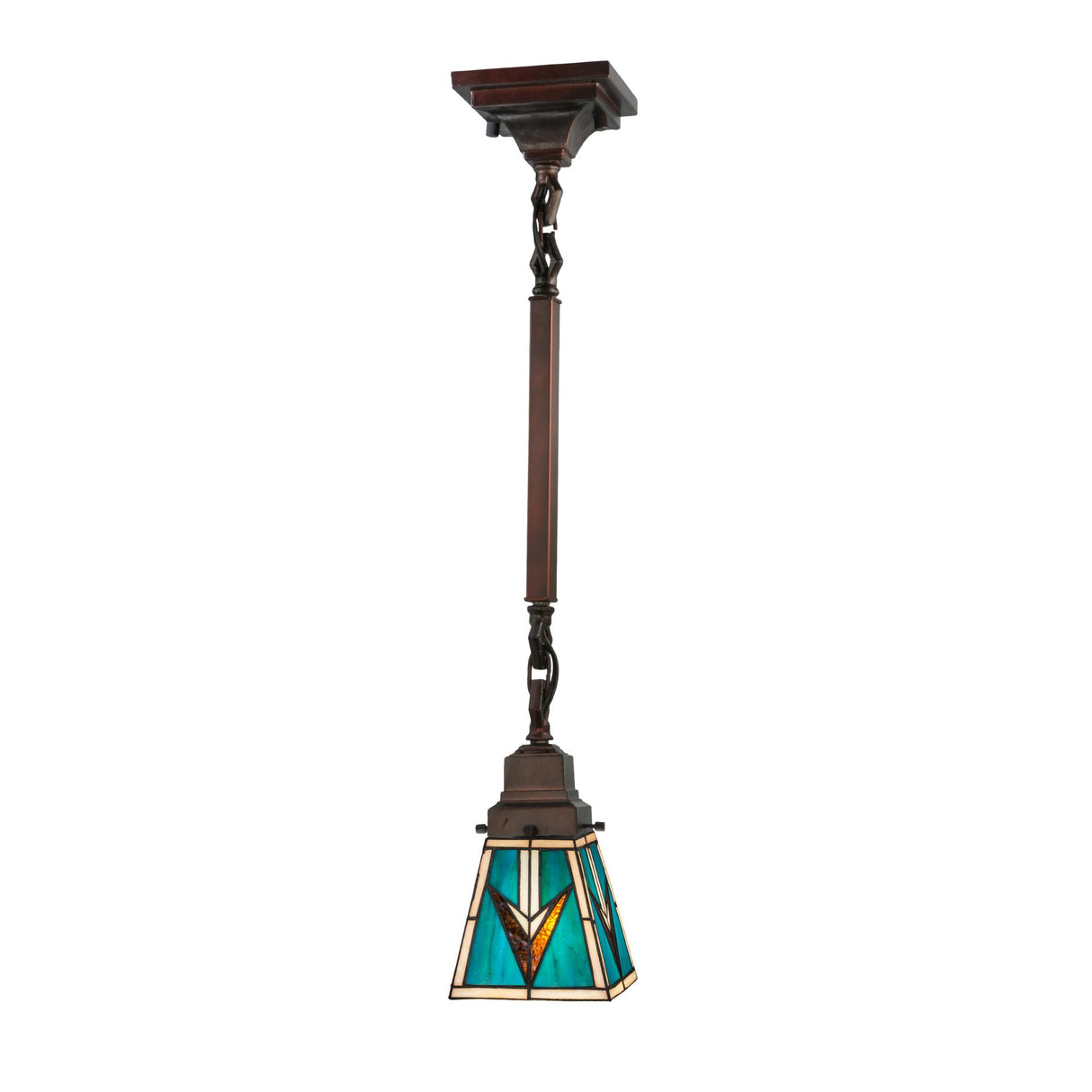 Mini pendant with a Mission-style stained glass shade in turquoise, beige, and brown tones.