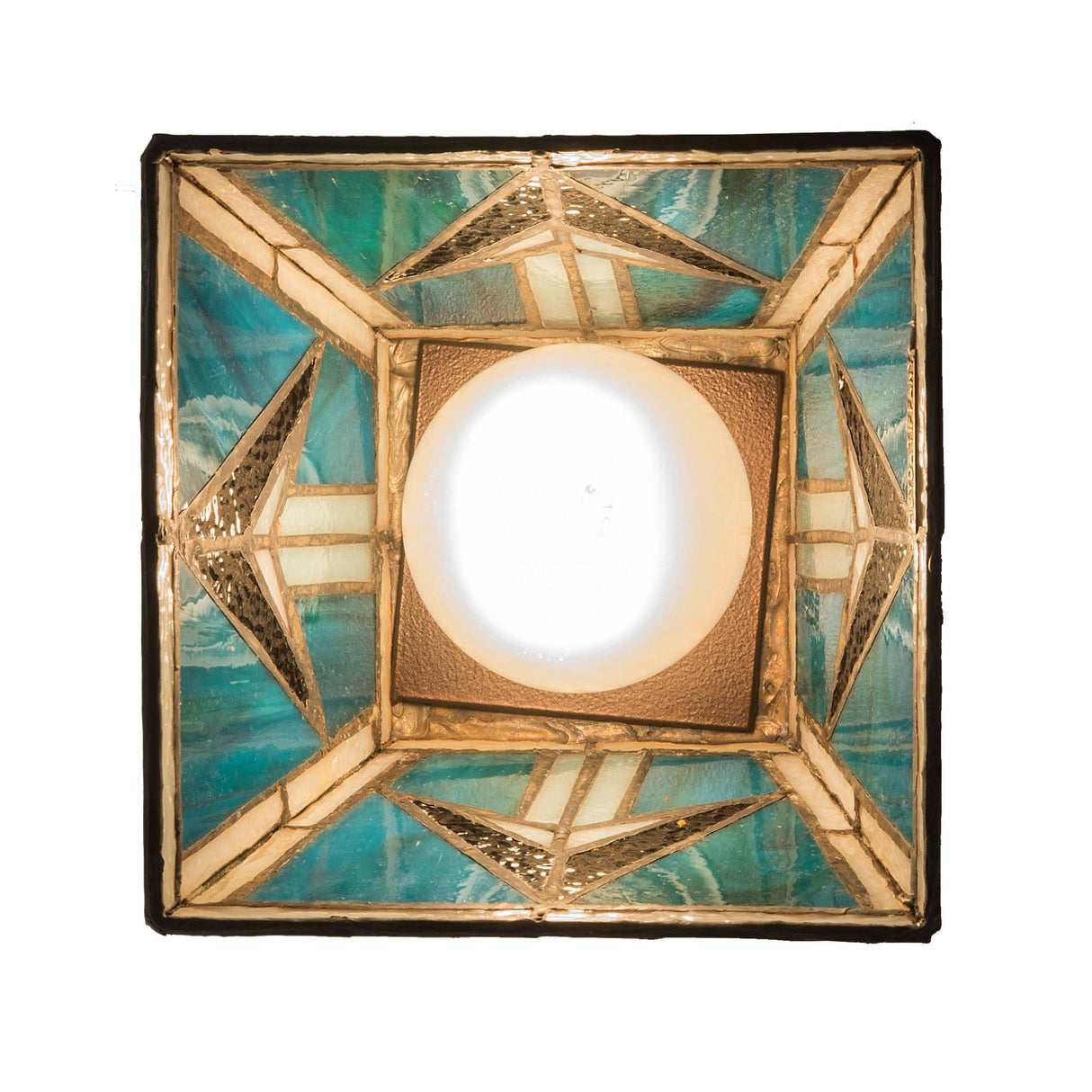 Bottom view of the Valencia Mission Mini Pendant displaying the stained glass detail and light bulb.