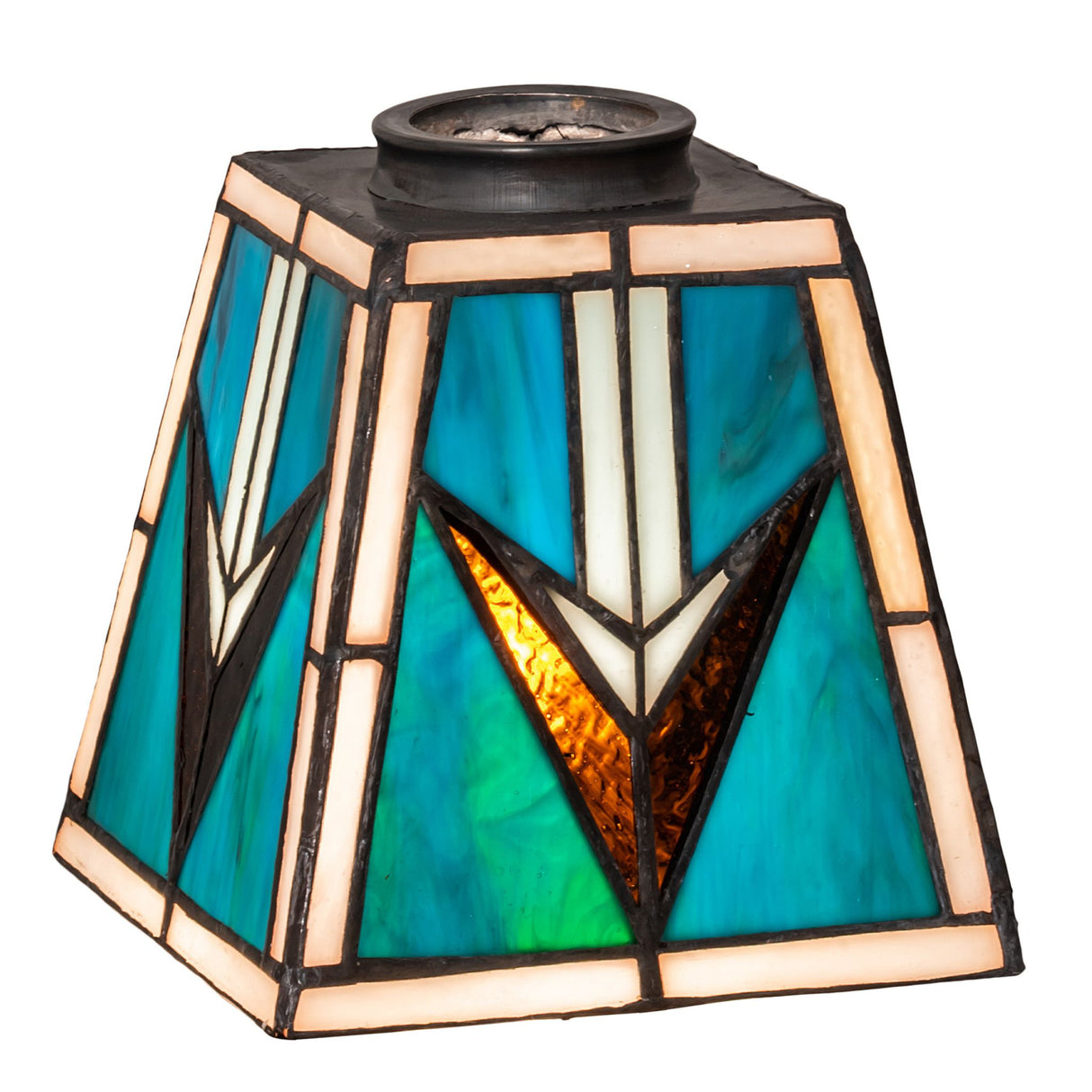Illuminated Valencia Mission shade with turquoise, beige, and brown arrowhead patterns.