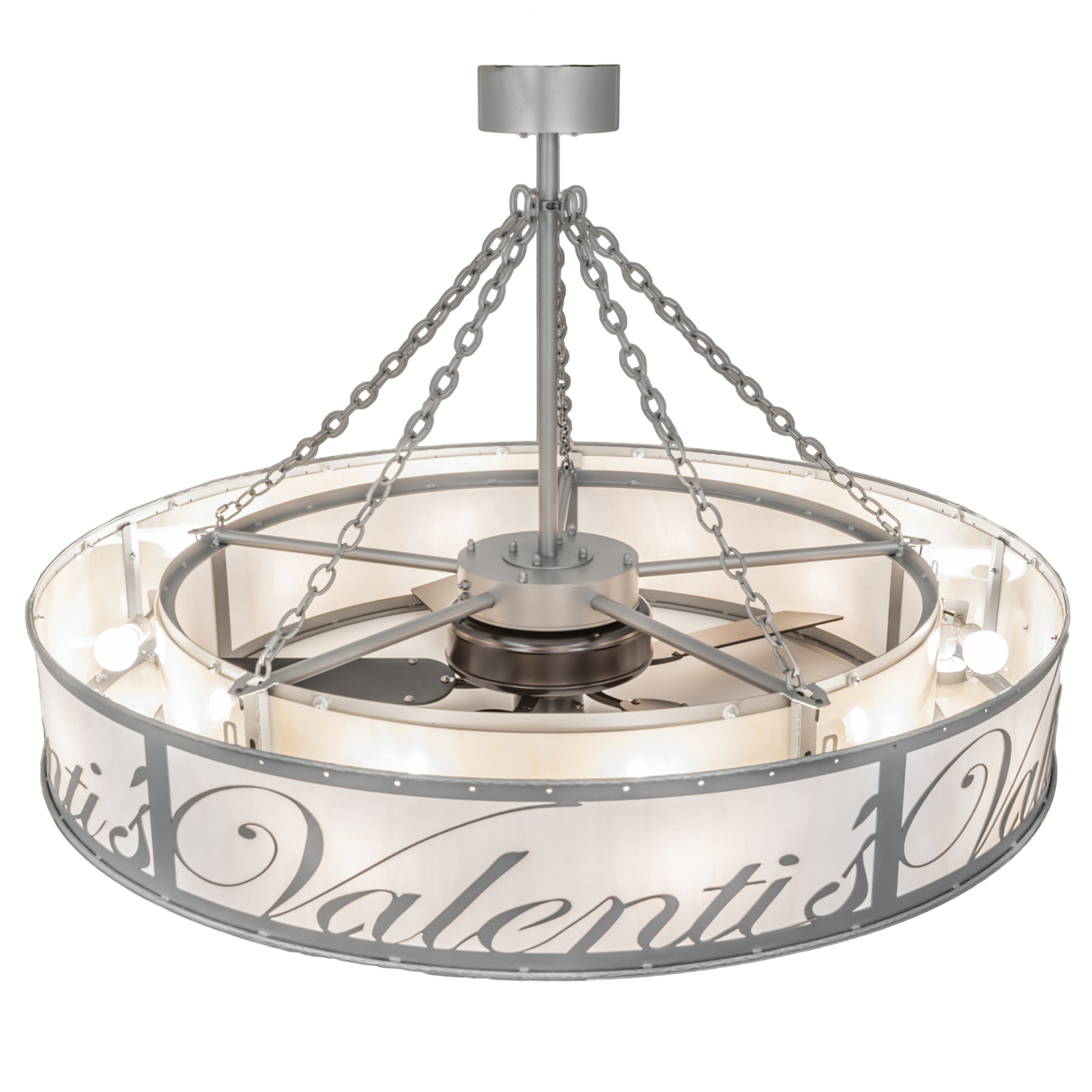 Overhead view of Valenti’s chandelier fan with chain suspension.