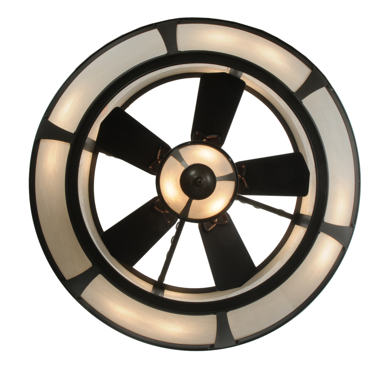 Direct bottom view showing lit panels surrounding the fan blades.