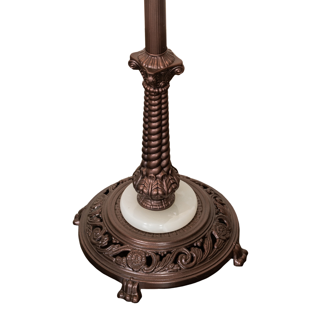 Close-up of ornate mahogany bronze lamp base with onyx accent.