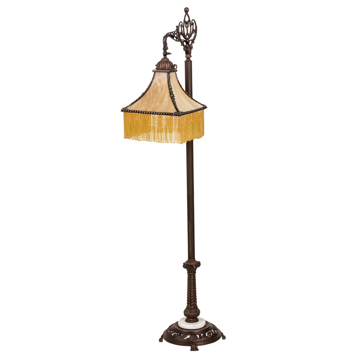 Front unlit view of Victorian-style floor lamp with amber shade.