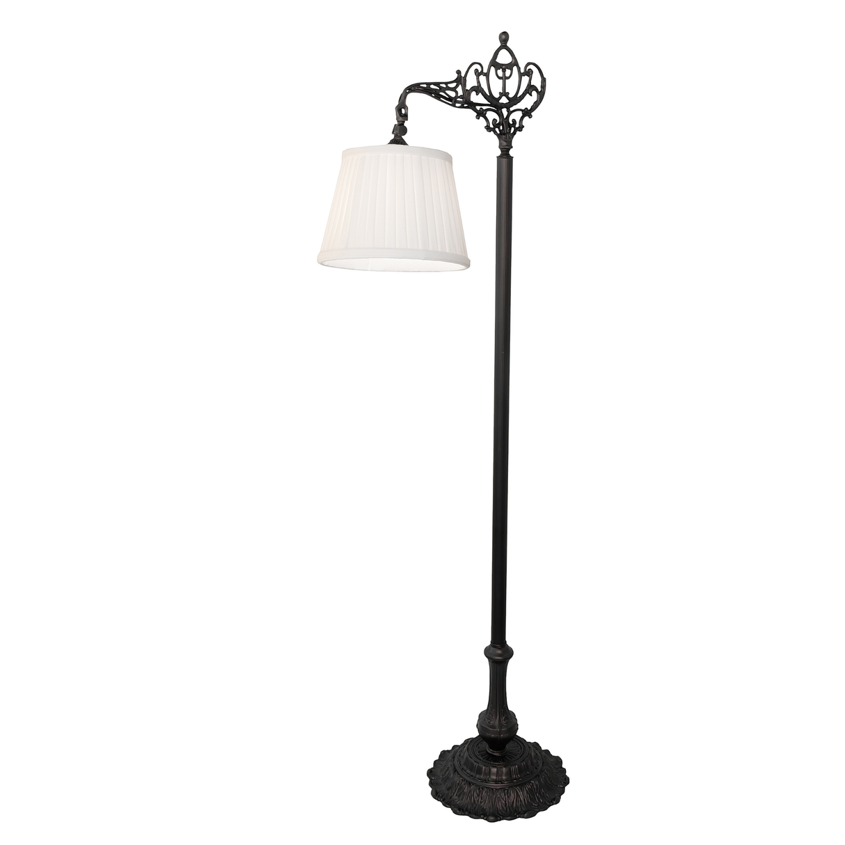 Victorian bridge arm floor lamp with illuminated pleated shade.