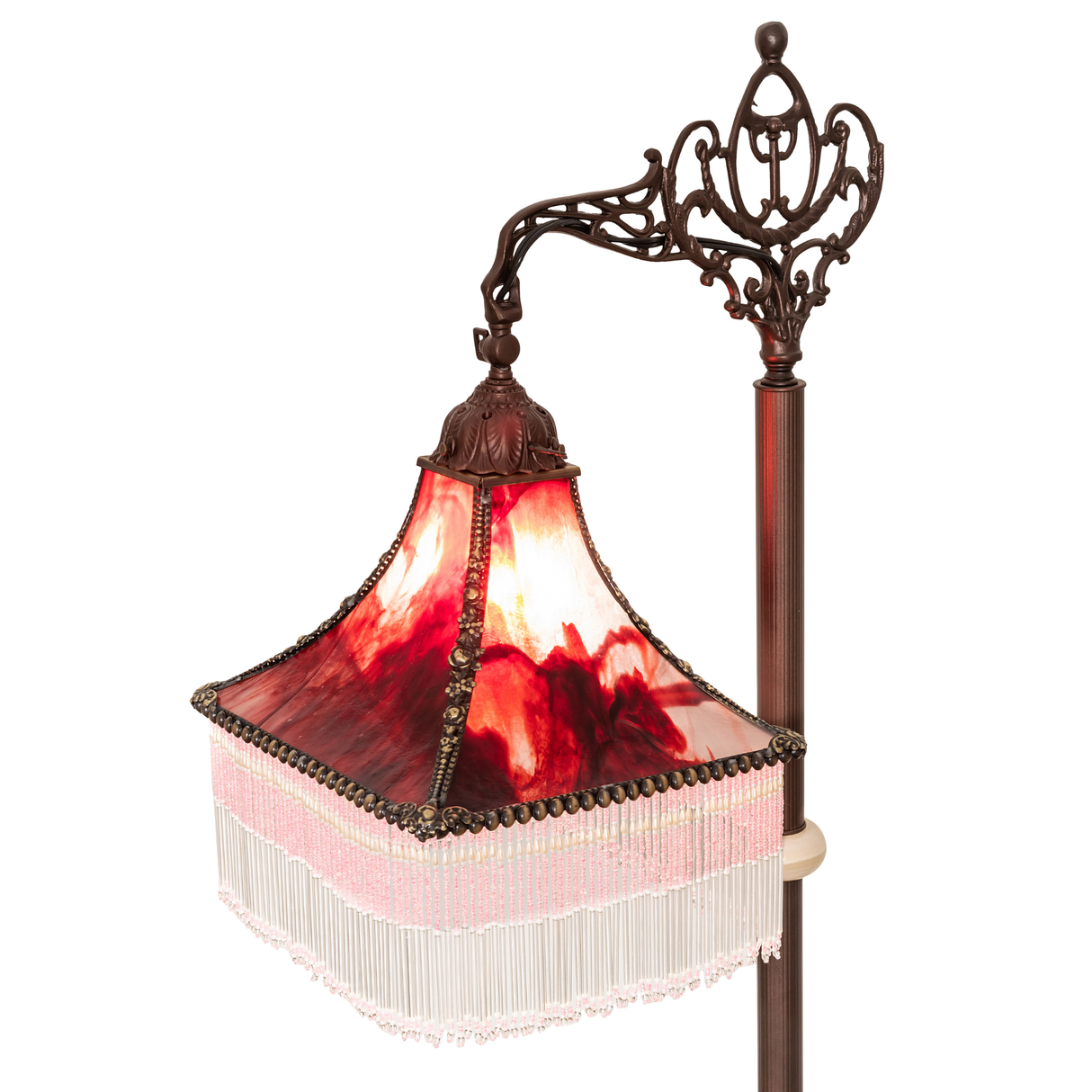 Close-up of burgundy bent glass shade with fringe detail.