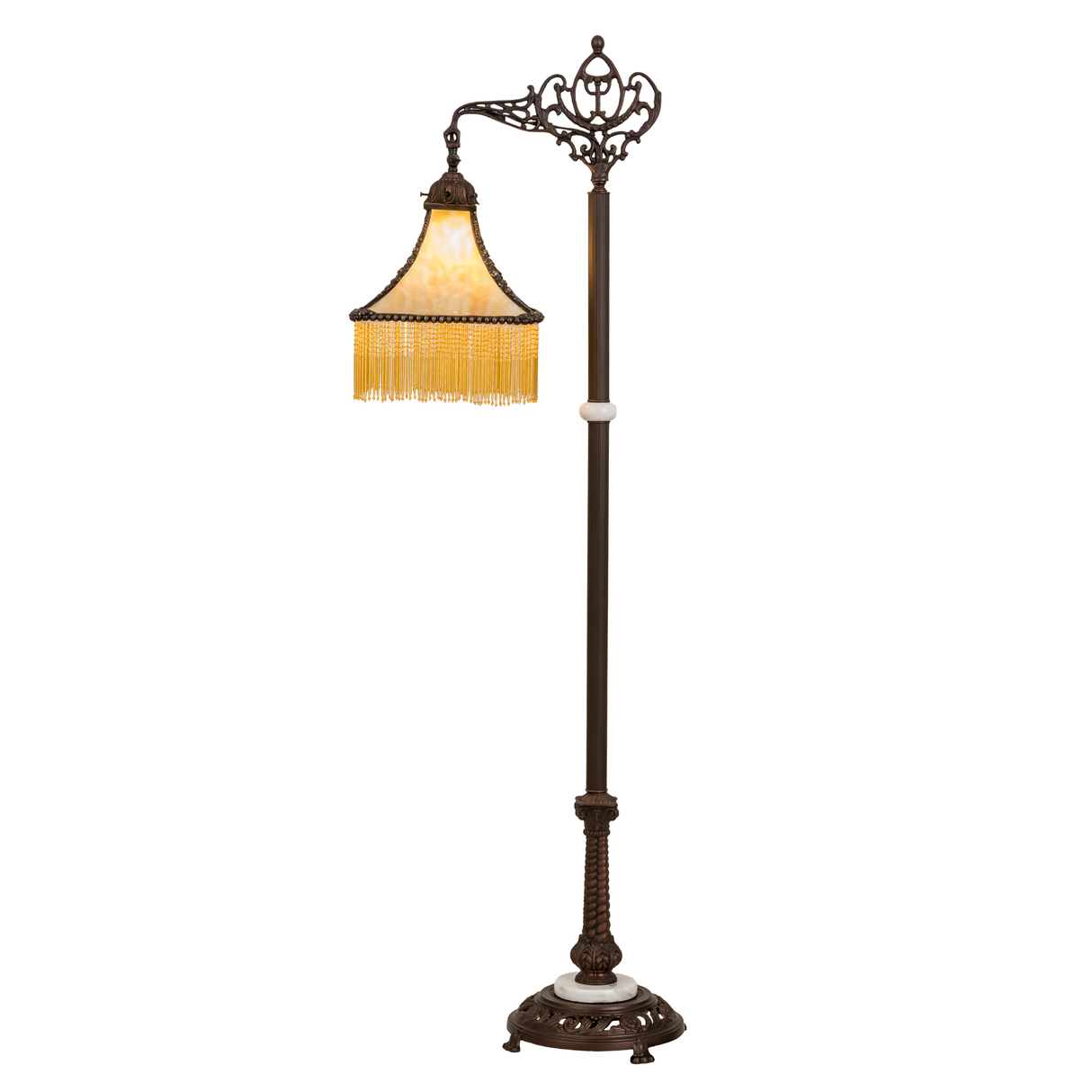 Side view of Victorian bridge arm floor lamp with beaded fringe.