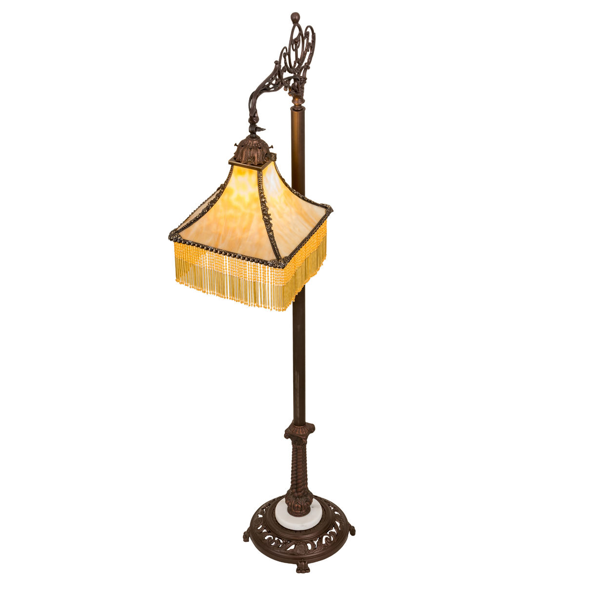 Top angled lit view showing Victorian lamp shade and fringe.