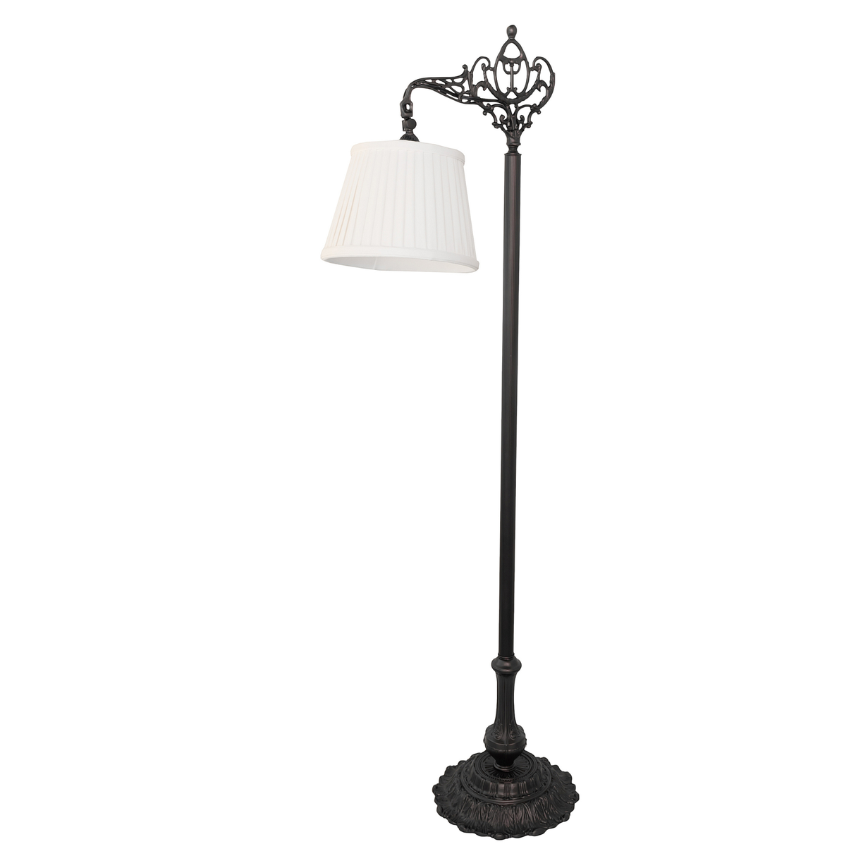 Victorian bridge arm floor lamp shown unlit with white shade.