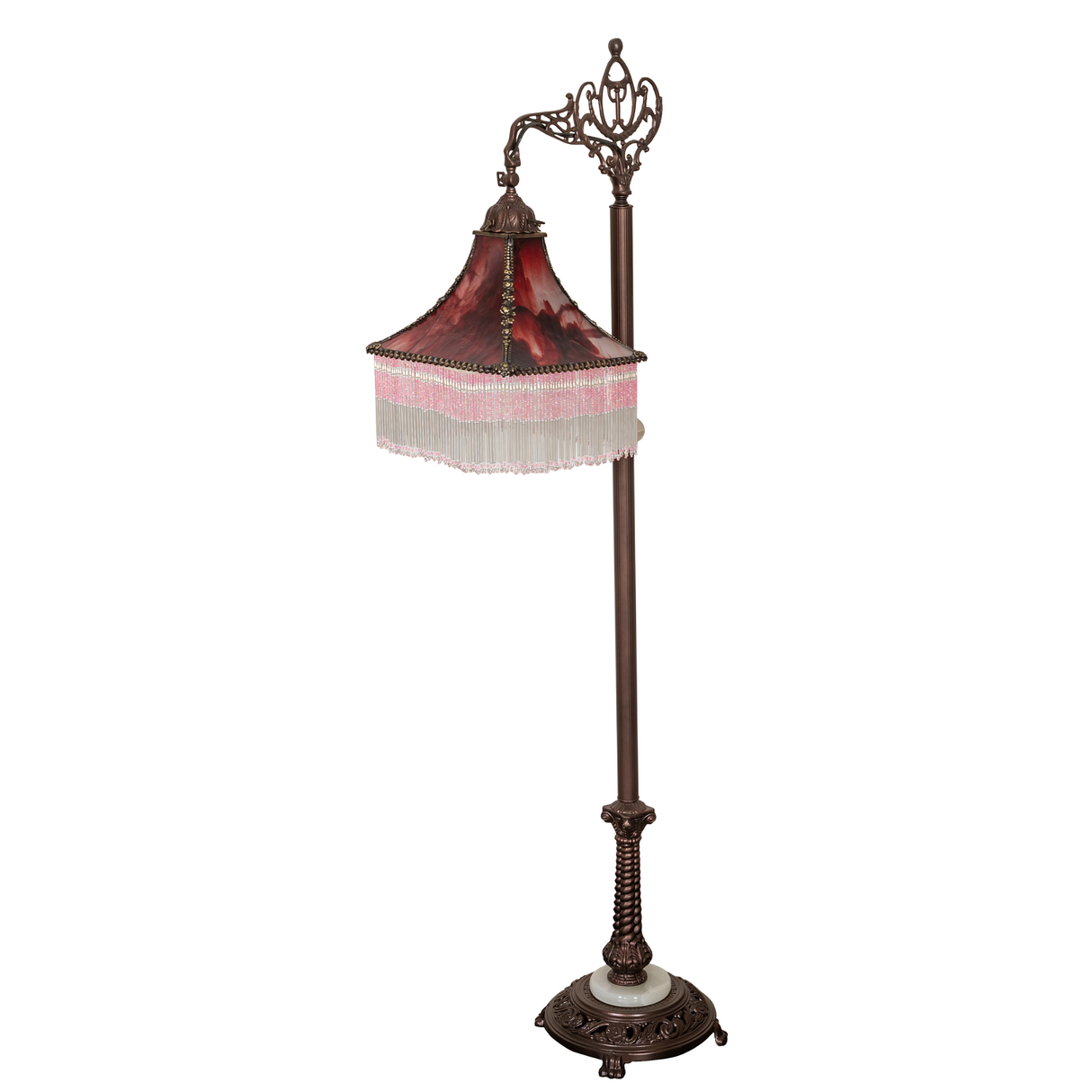 Victorian bridge arm floor lamp with burgundy bent glass shade.