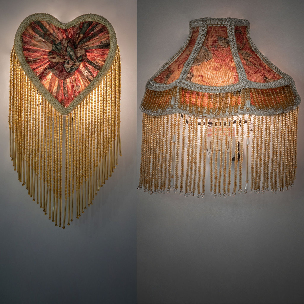 Ambient glow from Victorian fringe night lights on wall.