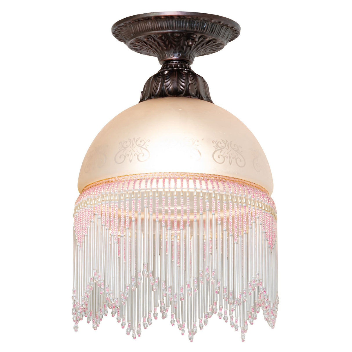 front view of victorian roussillon flushmount ceiling light with pink etched blown-glass shade.