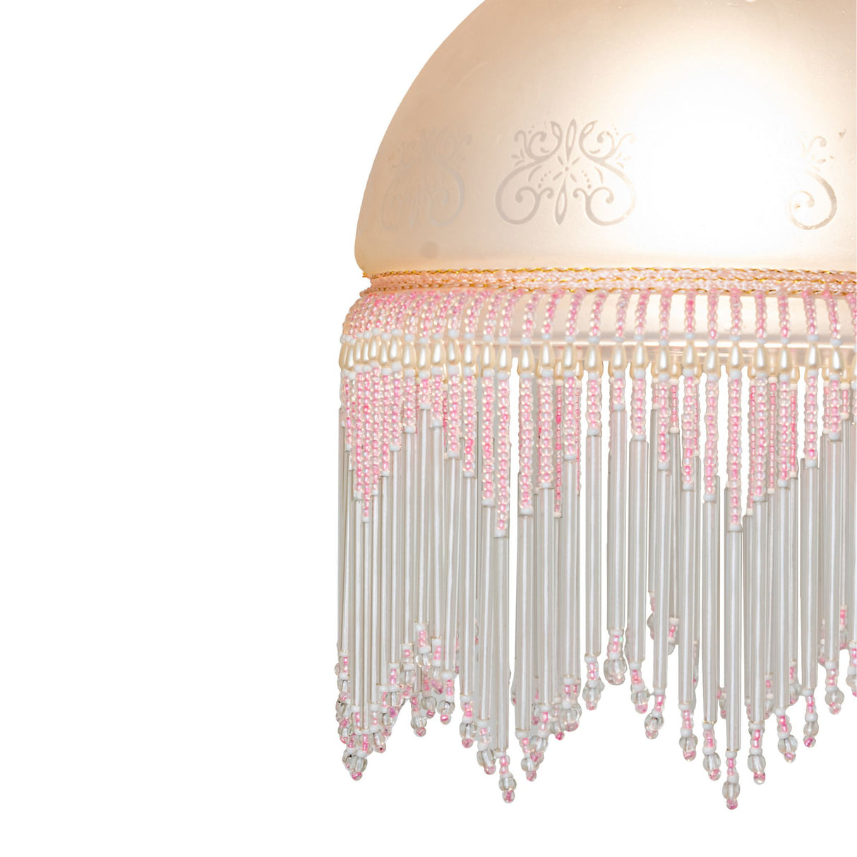 detailed view of pink glass shade and beaded fringe on victorian roussillon flushmount.