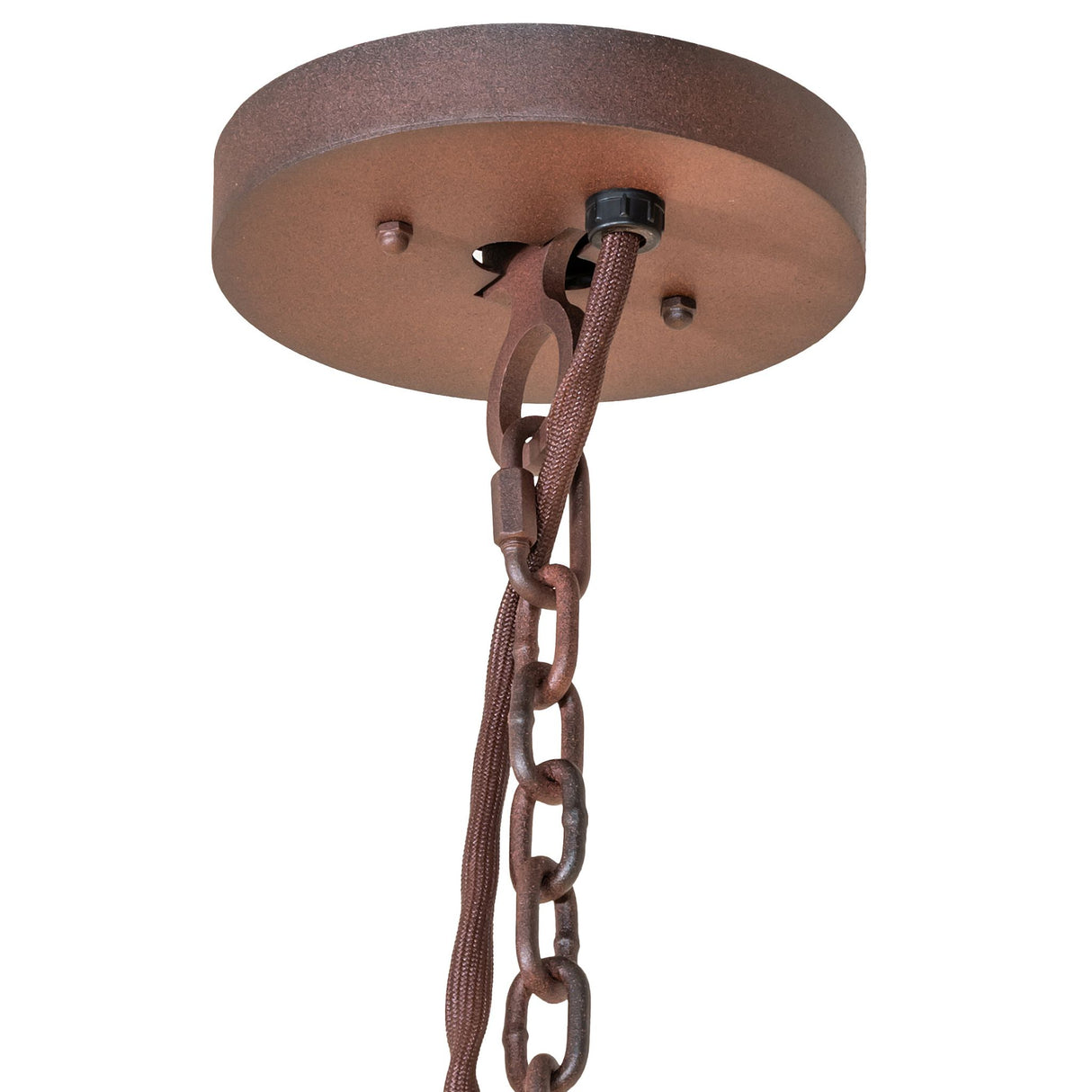 Detail view of canopy and hanging chain hardware for the Walden Pine chandelier.